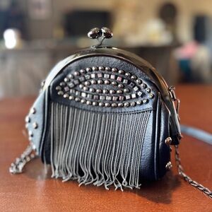 Black and Silver Studded Fringe Clutch